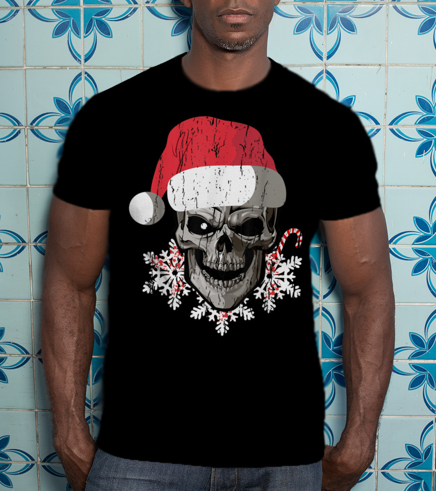 Skull Santa Hat Snowflakes Candy Cane T-Shirt