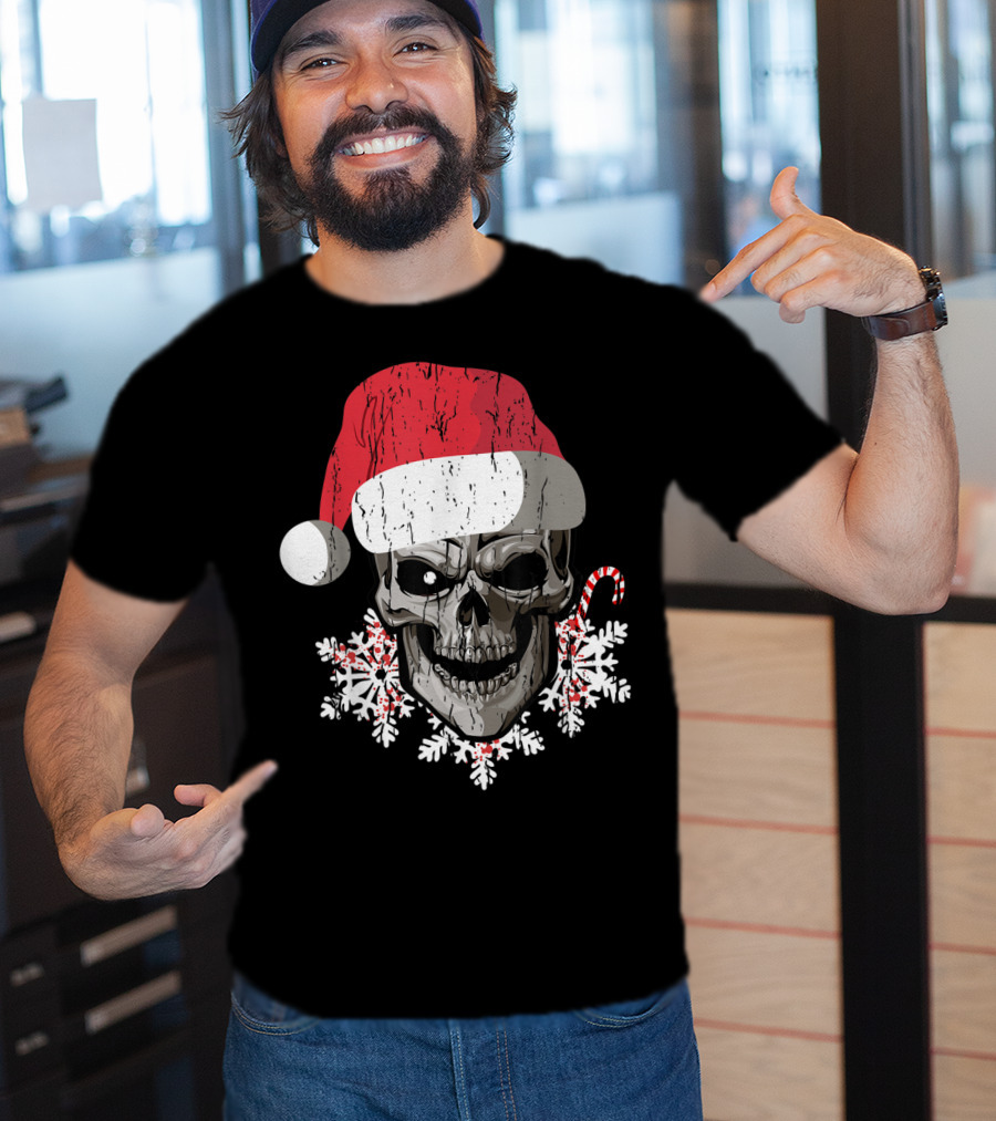 Skull Santa Hat Snowflakes Candy Cane T-Shirt