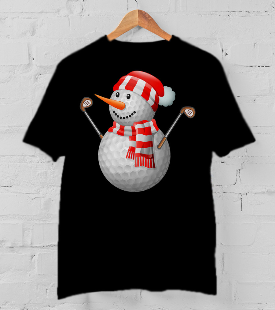 Snowman Golf Ball Christmas Hat Red Scarf Golf Clubs T-Shirt