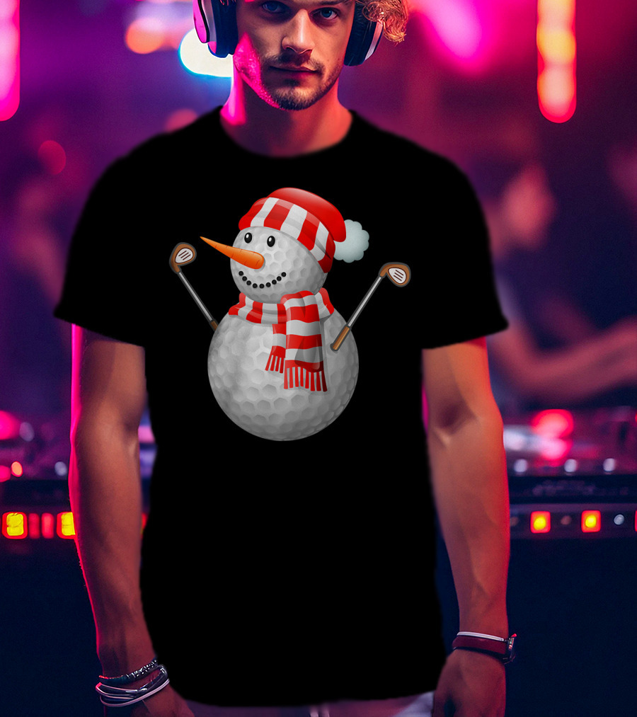 Snowman Golf Ball Christmas Hat Red Scarf Golf Clubs T-Shirt