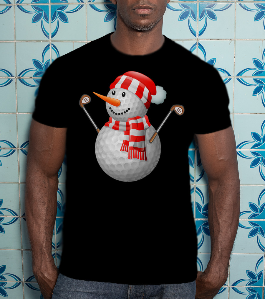 Snowman Golf Ball Christmas Hat Red Scarf Golf Clubs T-Shirt