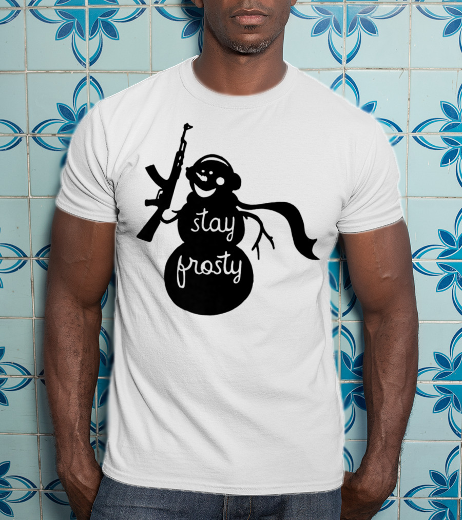 Stay Frosty Snowman With Headphones And Rifle T-Shirt