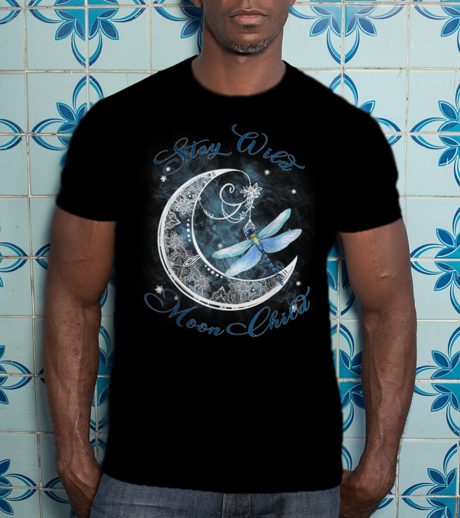 Stay Wild Moon Child Dreamy Dragonfly On Crescent Moon T-Shirt