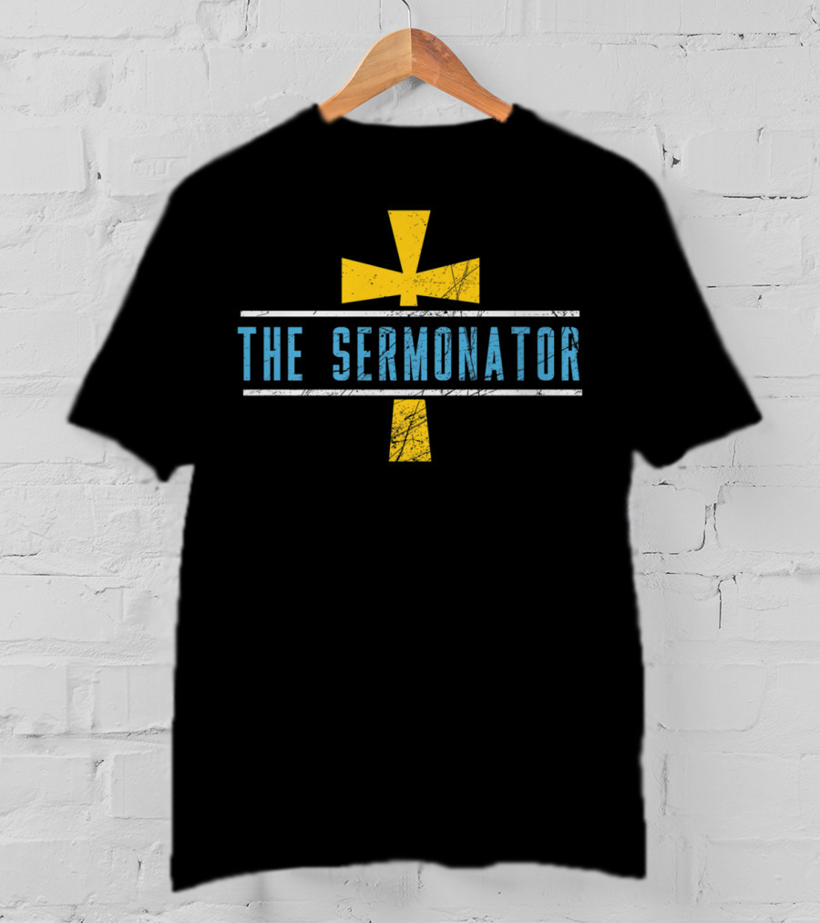 The Sermonator Distressed Cross Symbol Text T-Shirt
