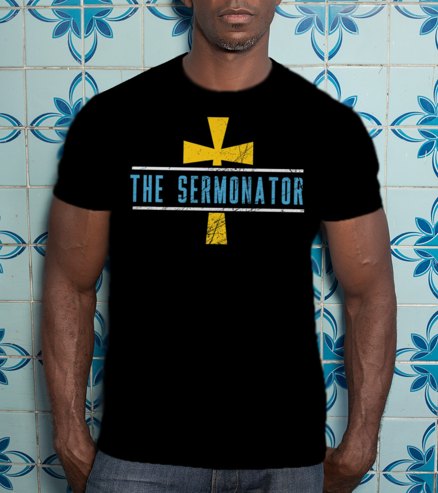 The Sermonator Distressed Cross Symbol Text T-Shirt