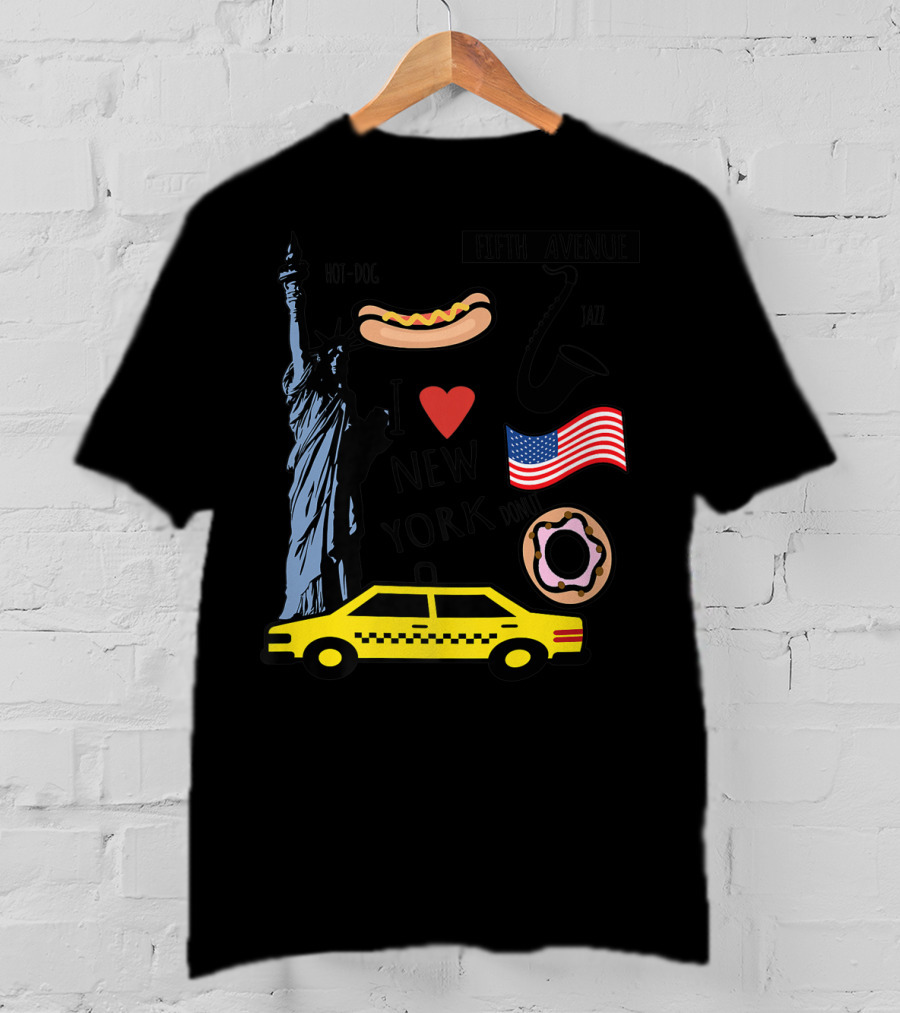 I Heart New York Top Spots Statue Of Liberty Taxi Fifth Avenue Hot Dog Jazz Donut American Flag T-Shirt