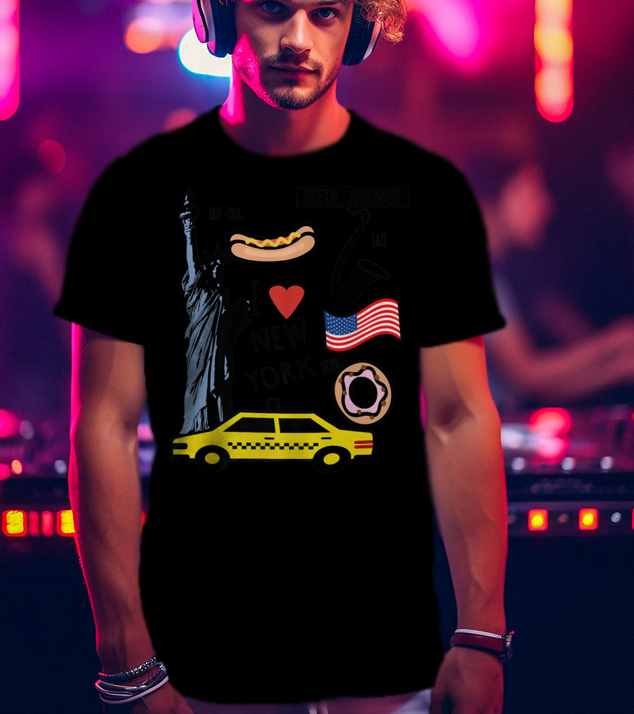 I Heart New York Top Spots Statue Of Liberty Taxi Fifth Avenue Hot Dog Jazz Donut American Flag T-Shirt