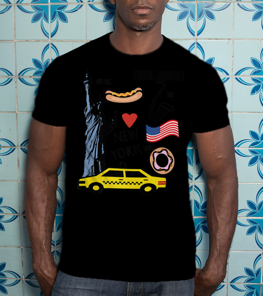 I Heart New York Top Spots Statue Of Liberty Taxi Fifth Avenue Hot Dog Jazz Donut American Flag T-Shirt
