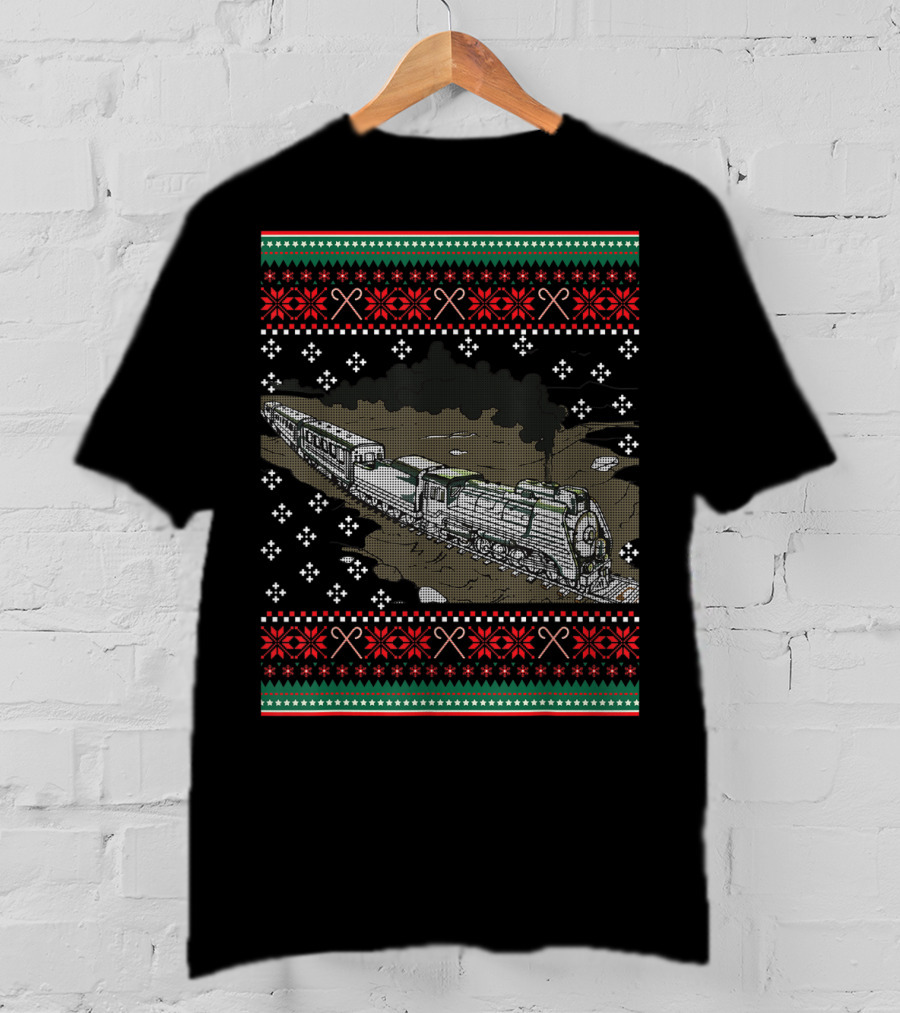 Steam Engine Train Ugly Christmas Pattern Railroad T-Shirt