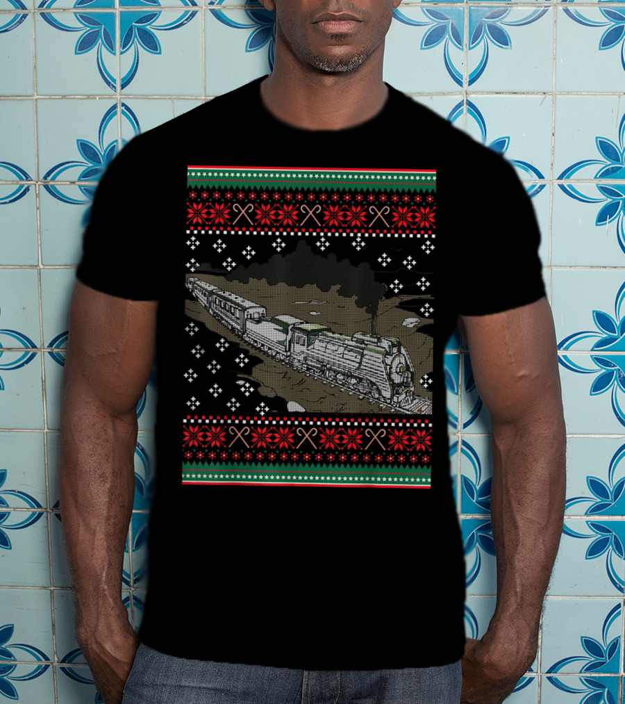 Steam Engine Train Ugly Christmas Pattern Railroad T-Shirt
