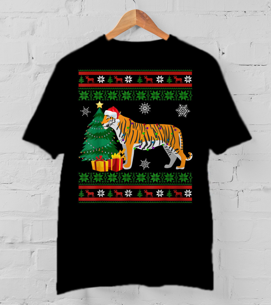 Tiger With Santa Hat And Christmas Tree Holiday Pattern Snowflakes And Reindeer T-Shirt