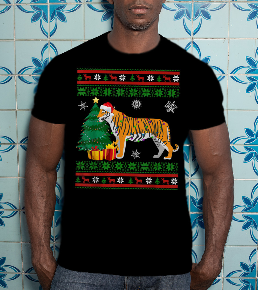 Tiger With Santa Hat And Christmas Tree Holiday Pattern Snowflakes And Reindeer T-Shirt