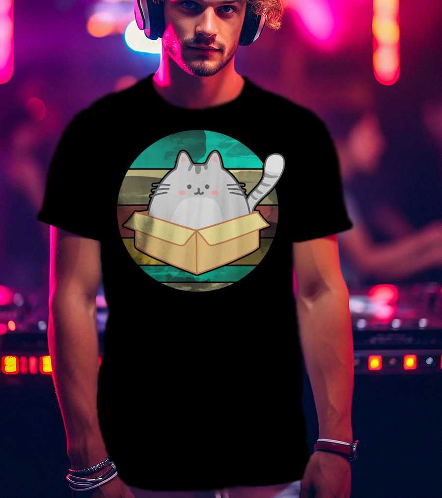Retro Fat Cat In Box With Vintage Stripes T-Shirt