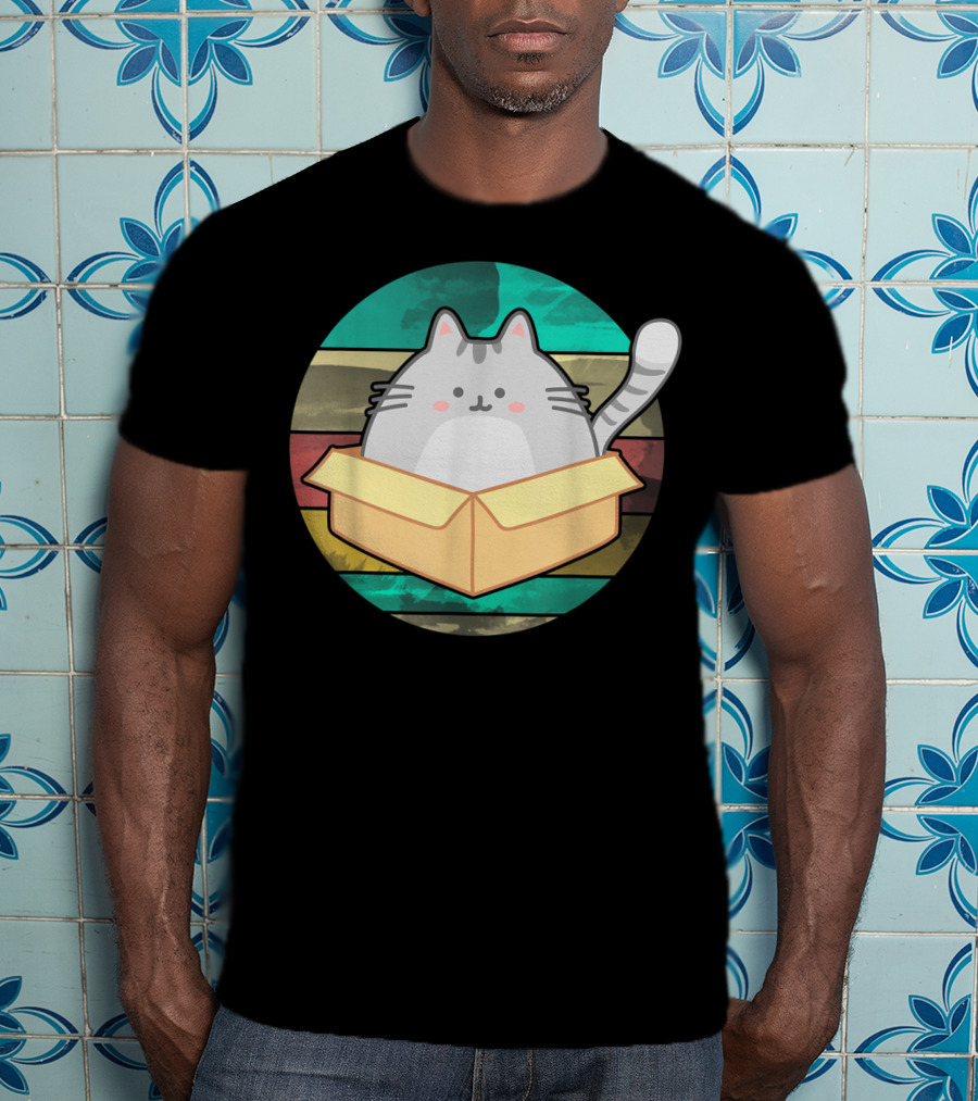 Retro Fat Cat In Box With Vintage Stripes T-Shirt