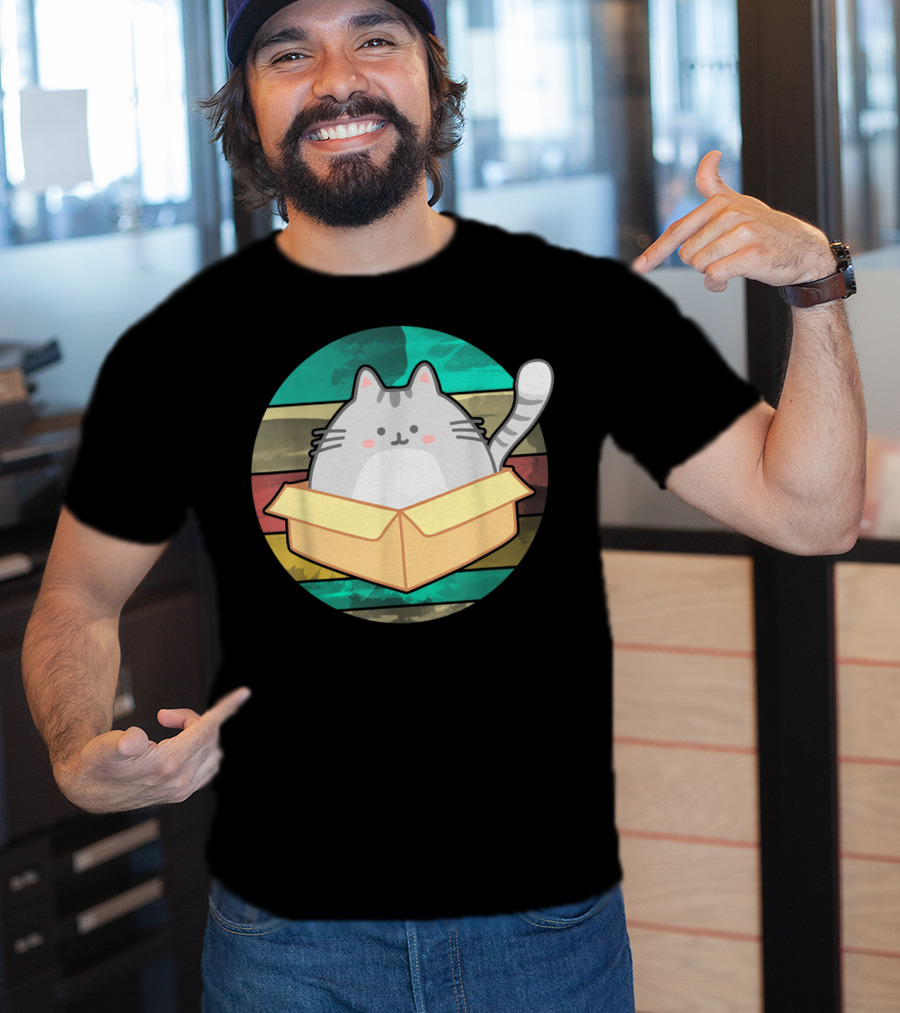 Retro Fat Cat In Box With Vintage Stripes T-Shirt