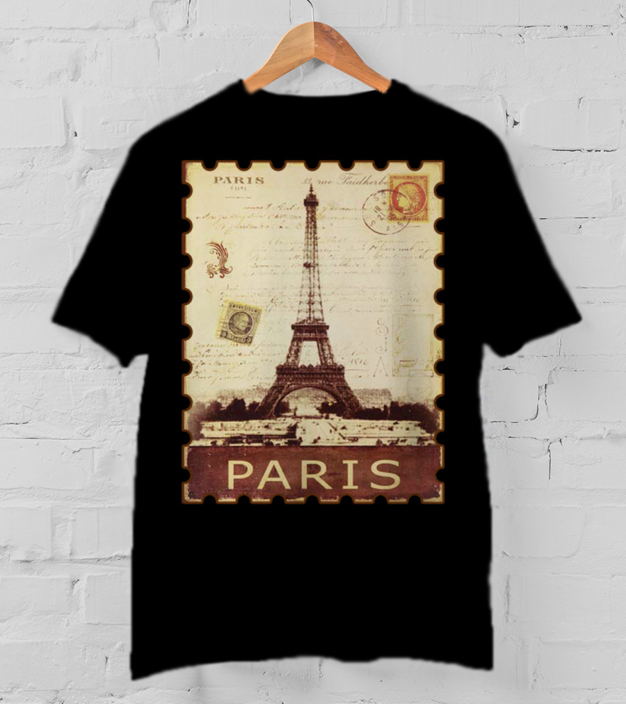 Vintage Eiffel Tower Paris Stamp With Distressed Paris Text T-Shirt