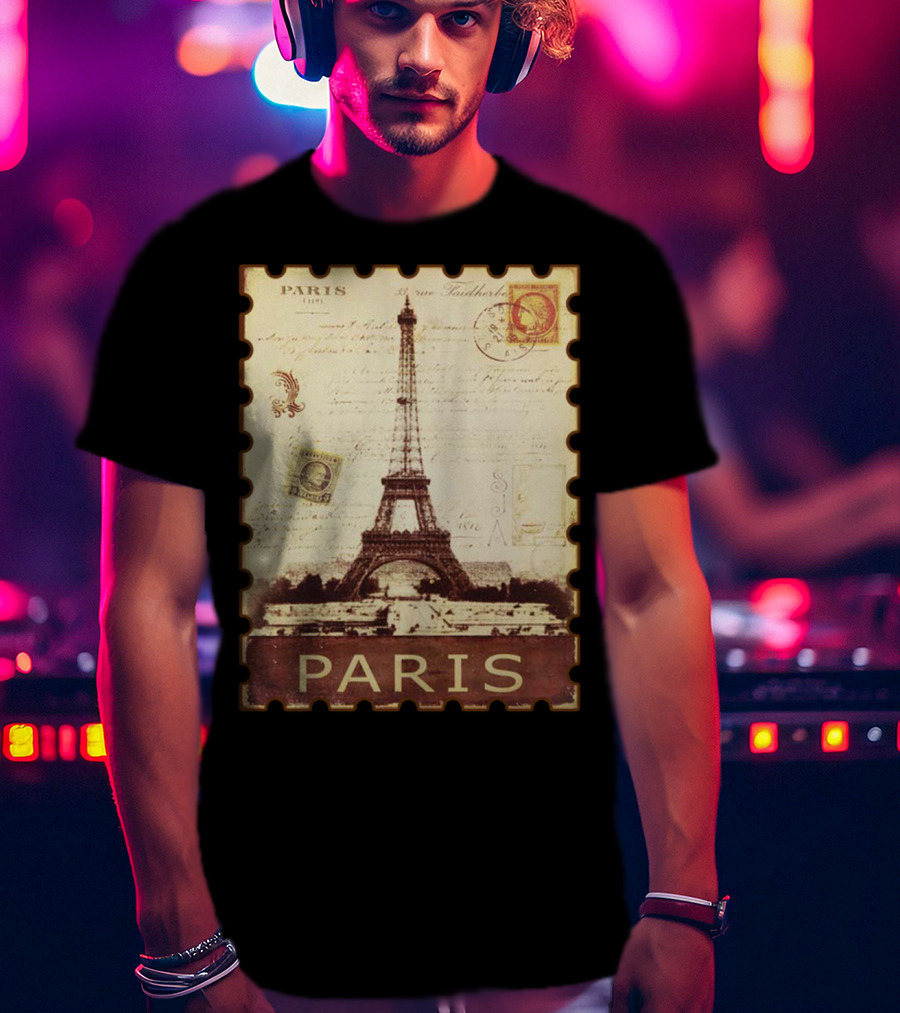Vintage Eiffel Tower Paris Stamp With Distressed Paris Text T-Shirt