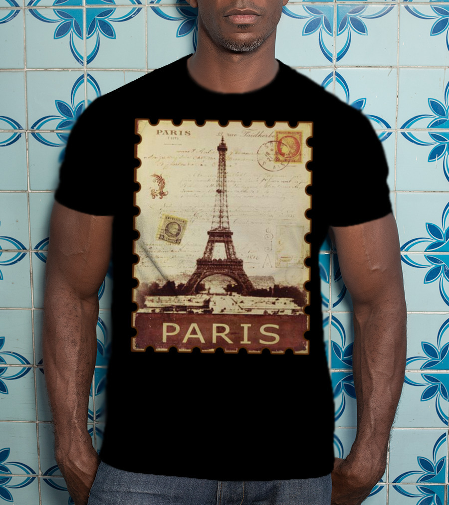 Vintage Eiffel Tower Paris Stamp With Distressed Paris Text T-Shirt
