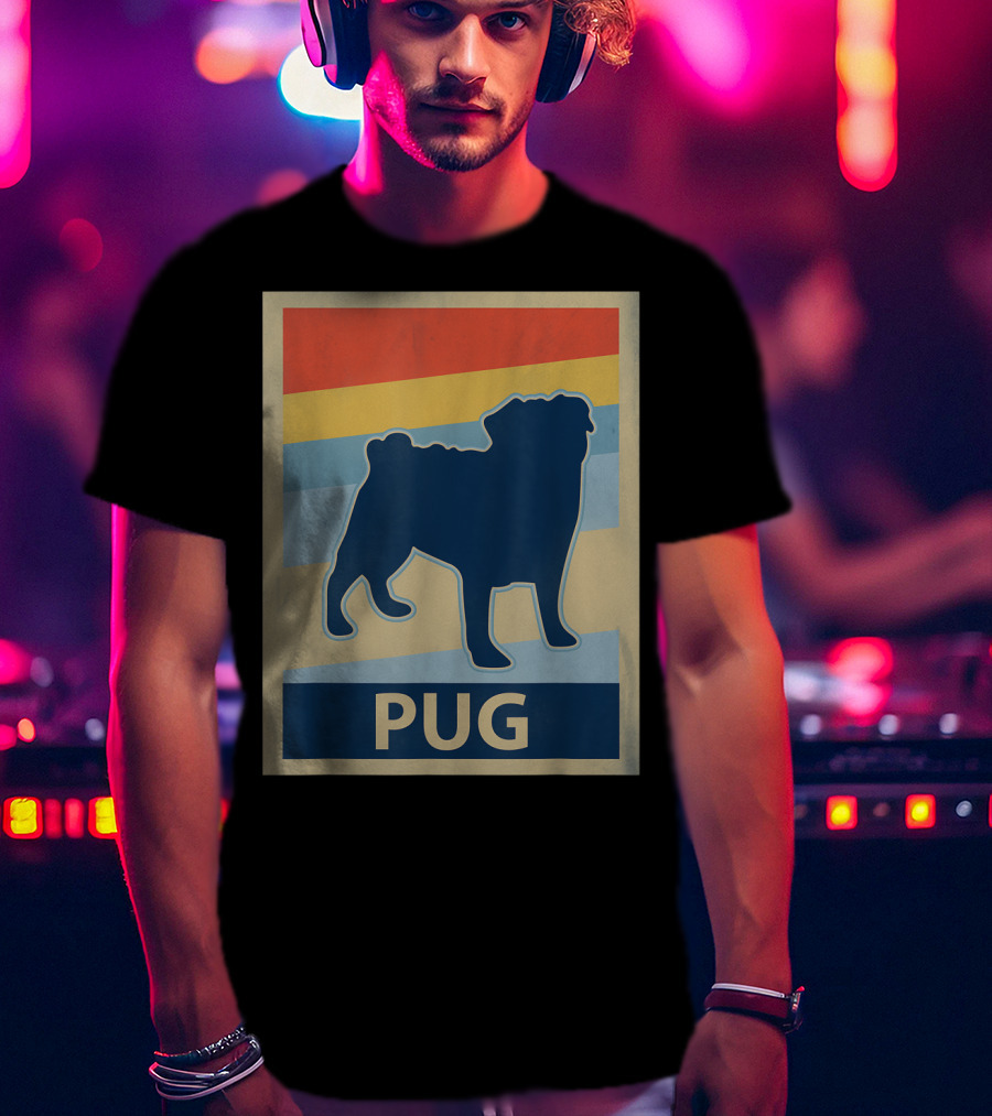 Vintage Pug Silhouette With Retro Stripes T-Shirt