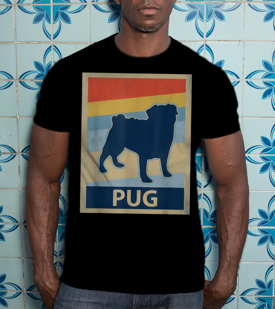 Vintage Pug Silhouette With Retro Stripes T-Shirt