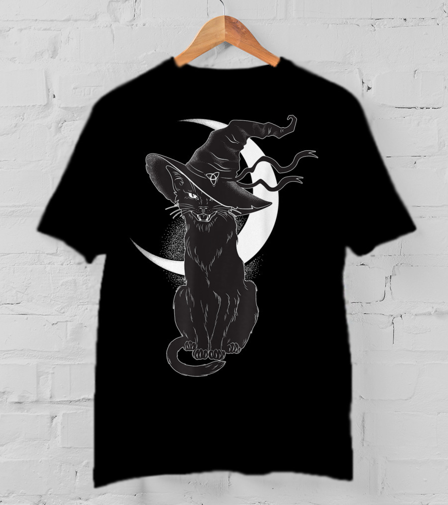 Vintage Scary Halloween Black Cat Sitting In Front Of Crescent Moon Wearing Witch Hat T-Shirt