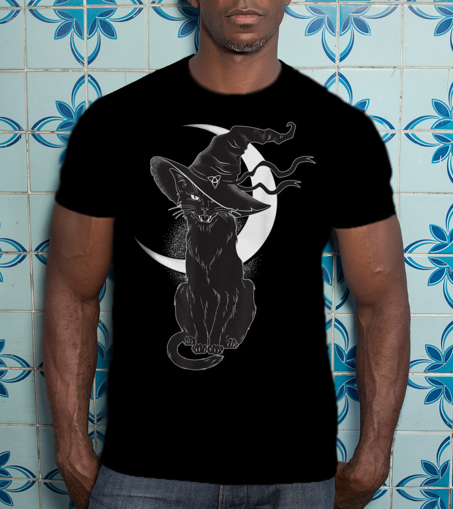 Vintage Scary Halloween Black Cat Sitting In Front Of Crescent Moon Wearing Witch Hat T-Shirt