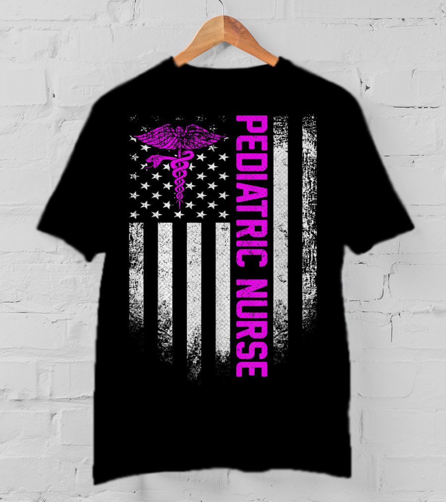 Pediatric Nurse American Flag Vintage USA Caduceus T-Shirt