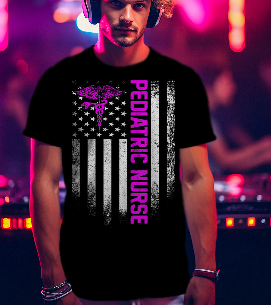 Pediatric Nurse American Flag Vintage USA Caduceus T-Shirt
