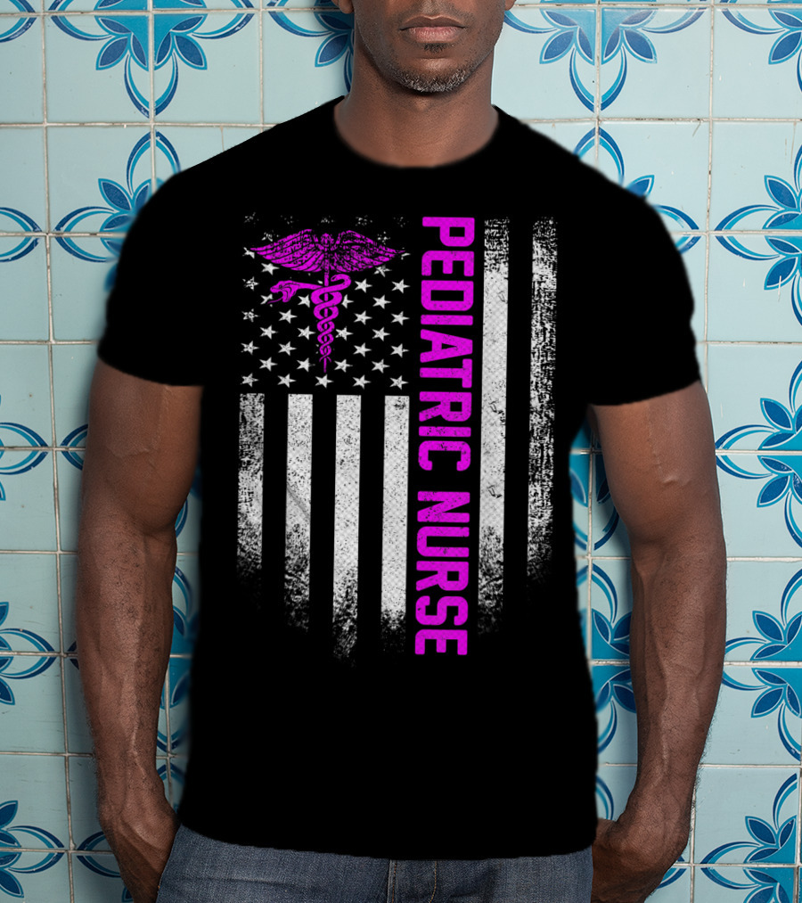 Pediatric Nurse American Flag Vintage USA Caduceus T-Shirt
