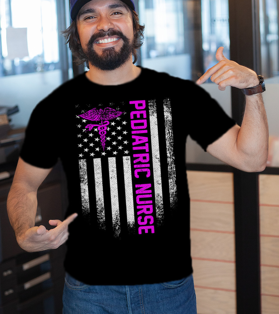 Pediatric Nurse American Flag Vintage USA Caduceus T-Shirt