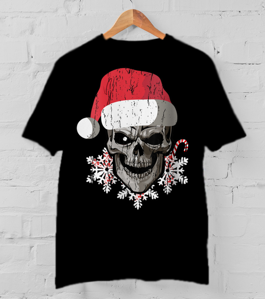 Skull With Santa Hat Snowflakes Candy Cane T-Shirt