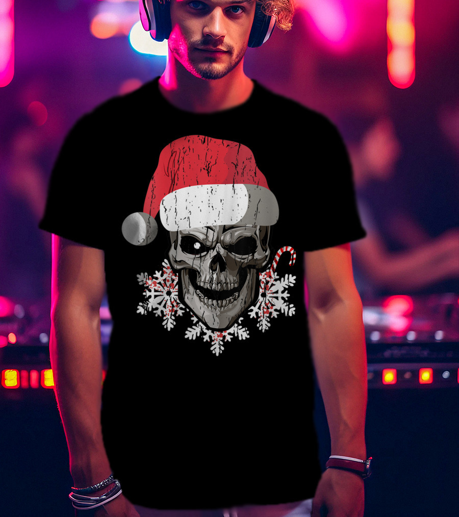 Skull With Santa Hat Snowflakes Candy Cane T-Shirt