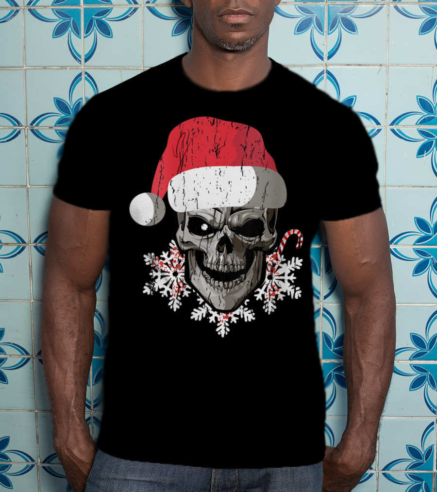 Skull With Santa Hat Snowflakes Candy Cane T-Shirt