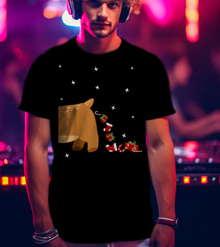Xmas Sick Reindeer Costume Matching Couple With Stars And Falling Candy Cane Presents T-Shirt