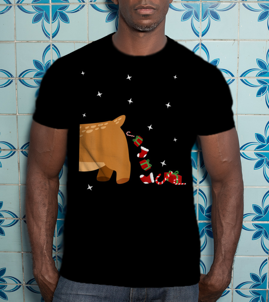 Xmas Sick Reindeer Costume Matching Couple With Stars And Falling Candy Cane Presents T-Shirt