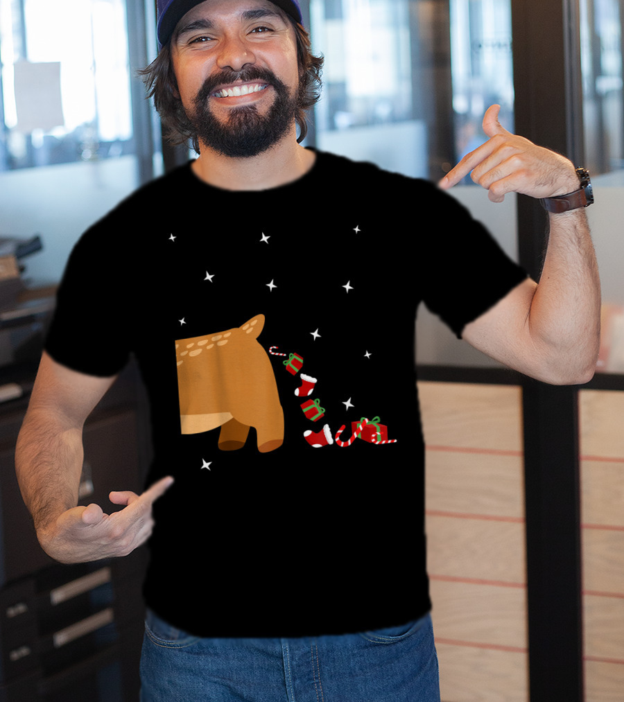 Xmas Sick Reindeer Costume Matching Couple With Stars And Falling Candy Cane Presents T-Shirt