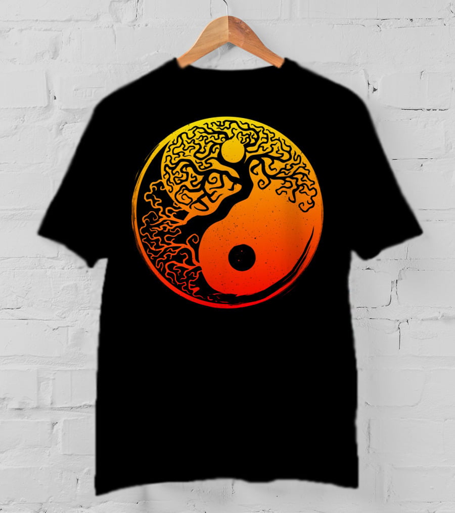 Yin Yang Bonsai Tree Japanese Golden Sun Circle T-Shirt