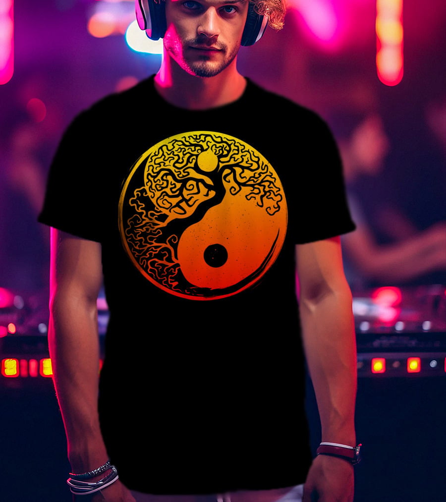 Yin Yang Bonsai Tree Japanese Golden Sun Circle T-Shirt