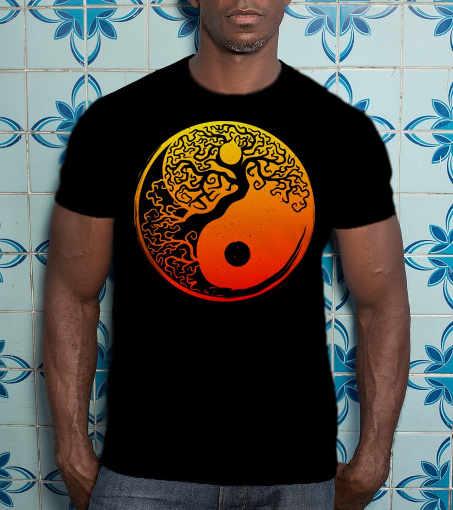 Yin Yang Bonsai Tree Japanese Golden Sun Circle T-Shirt
