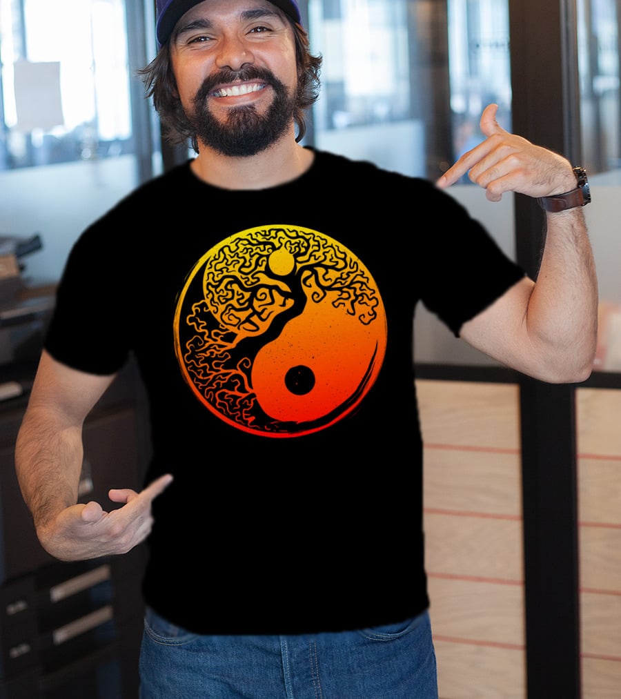 Yin Yang Bonsai Tree Japanese Golden Sun Circle T-Shirt