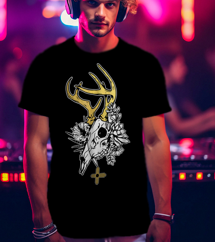 Zia Symbol With Deer Skull And Succulents Southwest Native T-Shirt