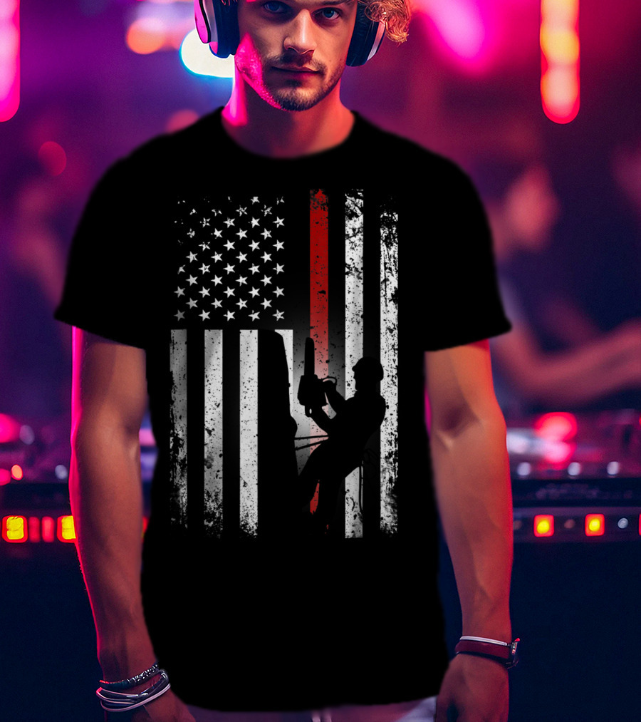 Patriotic Arborist Distressed American Flag With Climber And Chainsaw T-Shirt