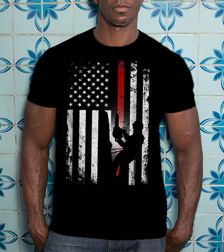 Patriotic Arborist Distressed American Flag With Climber And Chainsaw T-Shirt