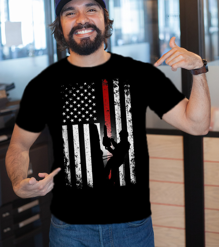 Patriotic Arborist Distressed American Flag With Climber And Chainsaw T-Shirt