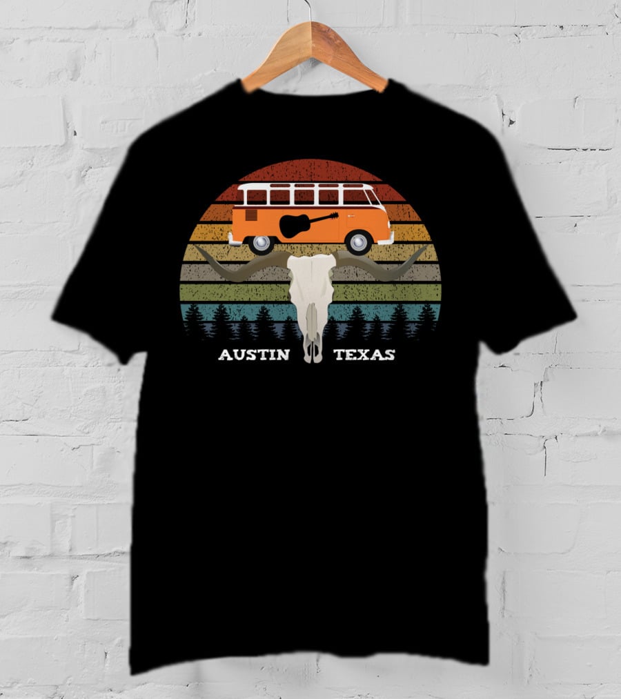 Austin Texas Sunset Van Guitar Skull Forest Vintage T-Shirt