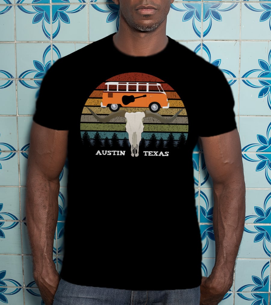 Austin Texas Sunset Van Guitar Skull Forest Vintage T-Shirt