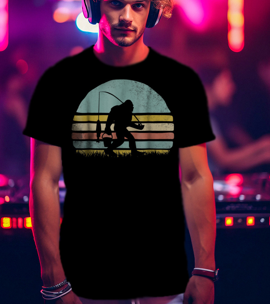 Awesome Bigfoot Fishing At Sunset Silhouette Retro Stripes T-Shirt