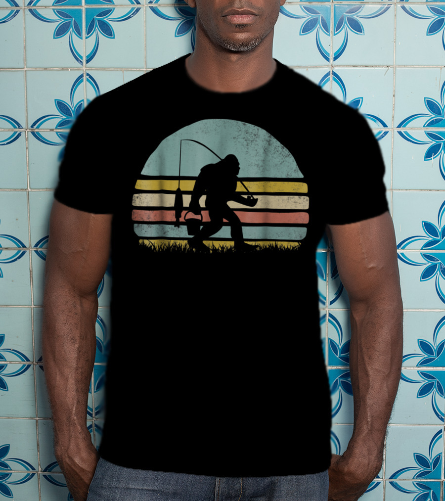 Awesome Bigfoot Fishing At Sunset Silhouette Retro Stripes T-Shirt