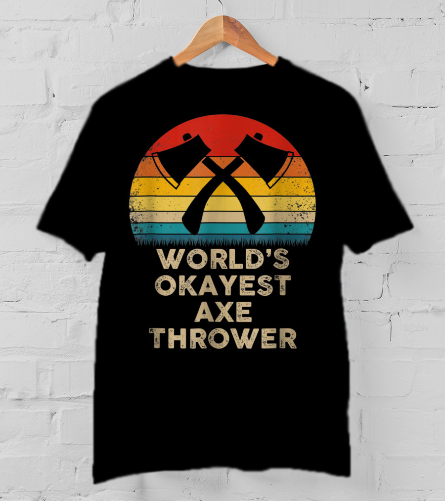 World's Okayest Axe Thrower Retro Axes Crossed Sunset T-Shirt