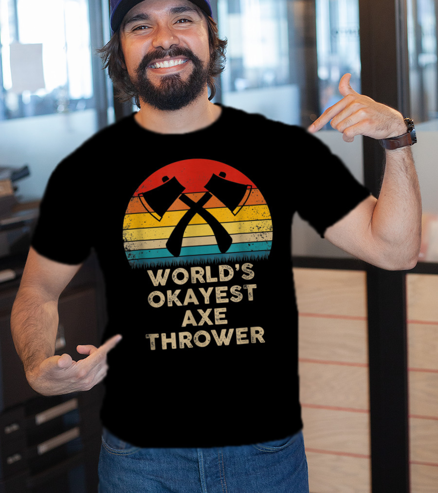 World's Okayest Axe Thrower Retro Axes Crossed Sunset T-Shirt